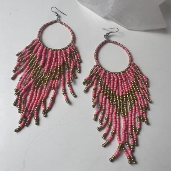 Boho Chic Pink and Gold Beaded Earrings - Picture 2 of 4